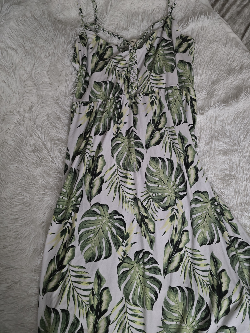 Derek Heart White Maxi Dress with Green Tropical Leaf Print